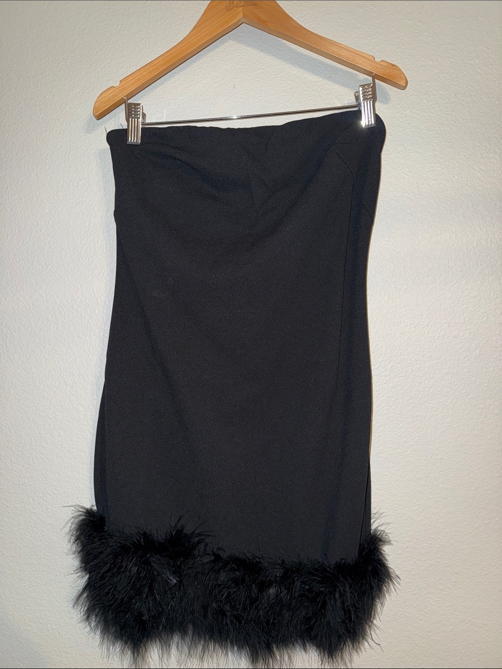Strapless Black Feather-Hem Dress